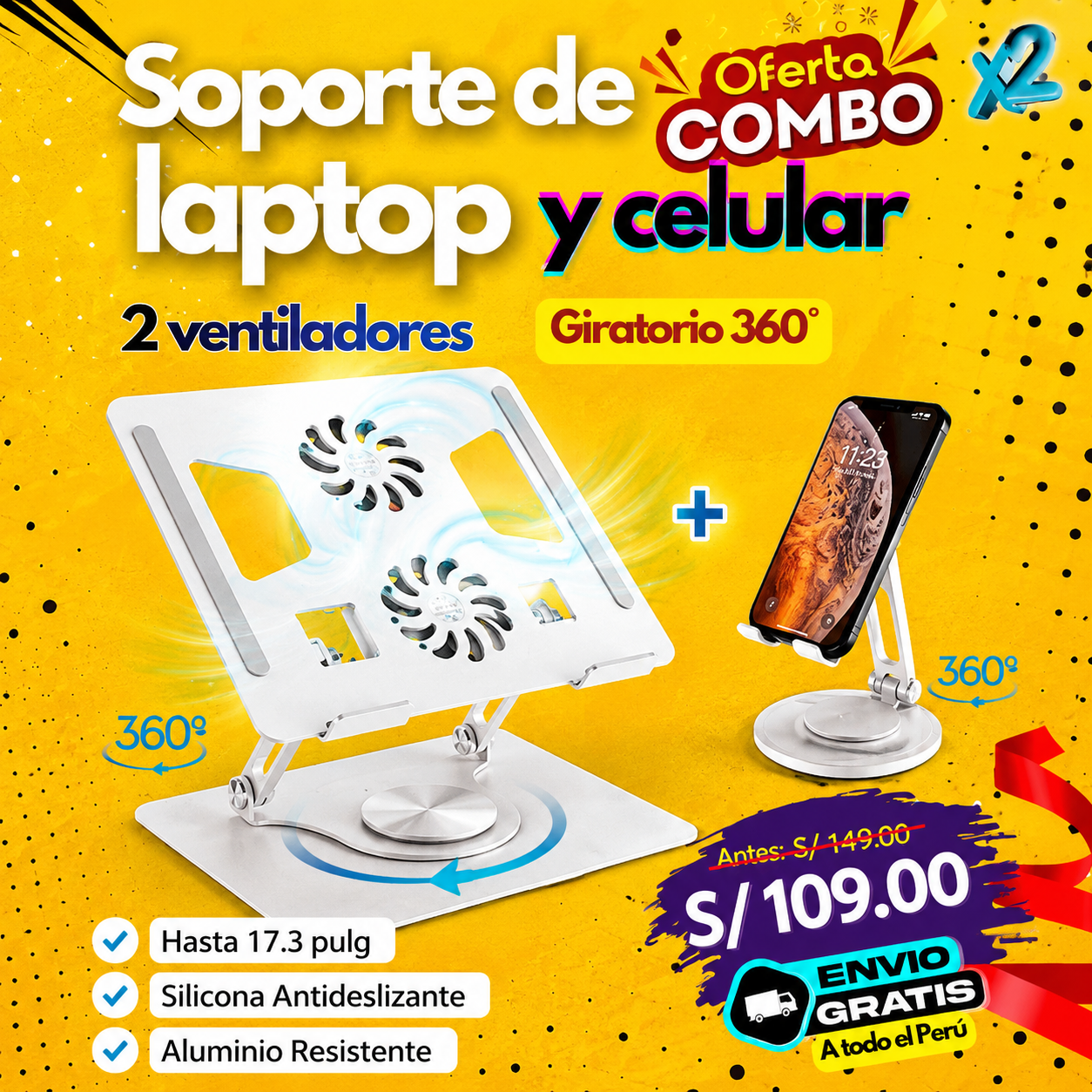 Soporte laptop con ventilador + soporte celular