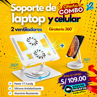Soporte laptop con ventilador + soporte celular