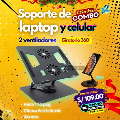Soporte laptop con ventilador + soporte celular