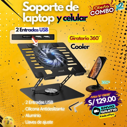 Soporte laptop con ventilador + soporte celular